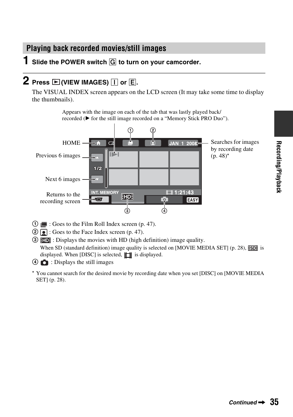 Playing back recorded movies/still images | Sony HDR-UX10 User Manual | Page 35 / 172