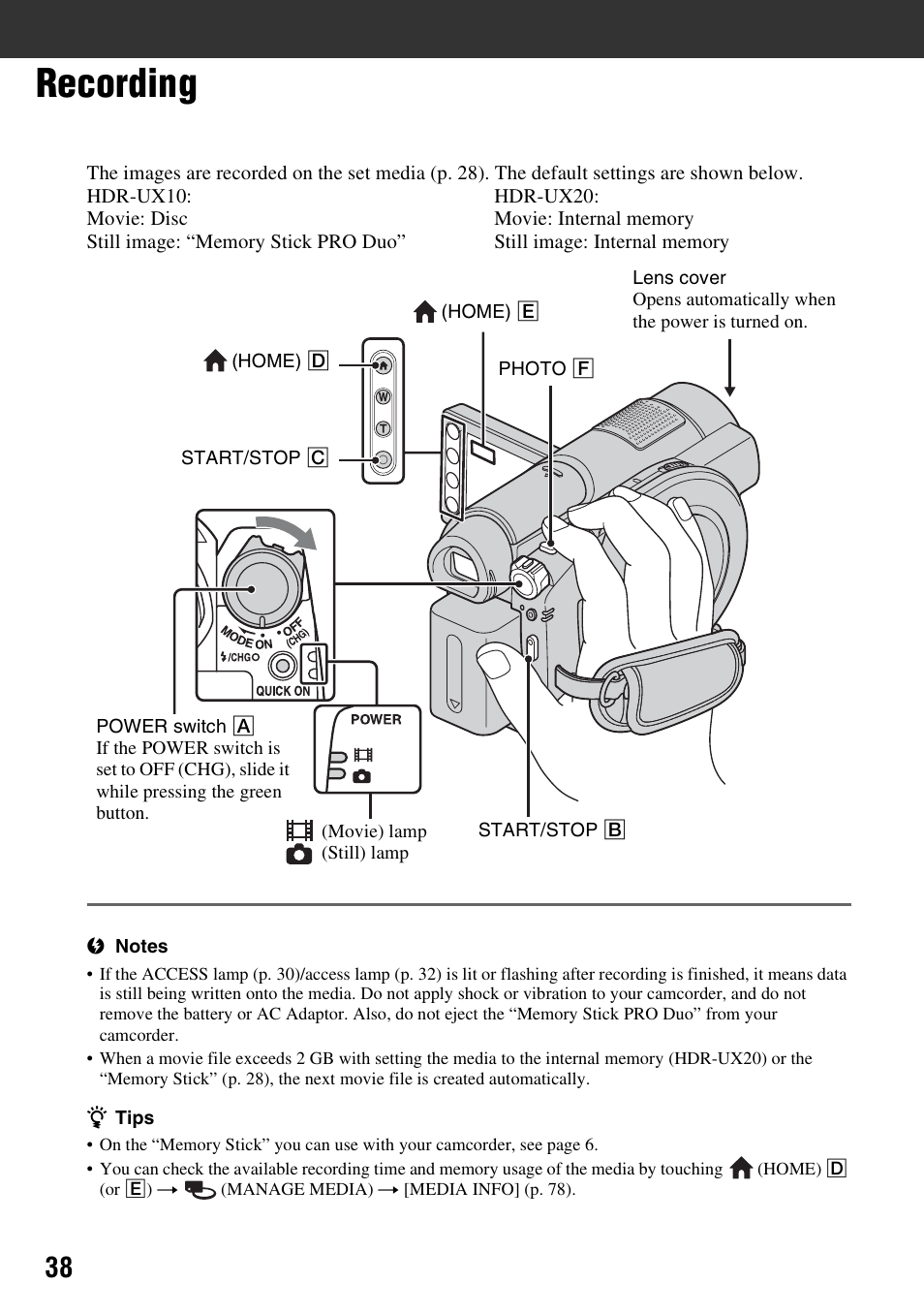 Recording, P. 38), R (p. 38) | Sony HDR-UX10 User Manual | Page 38 / 172