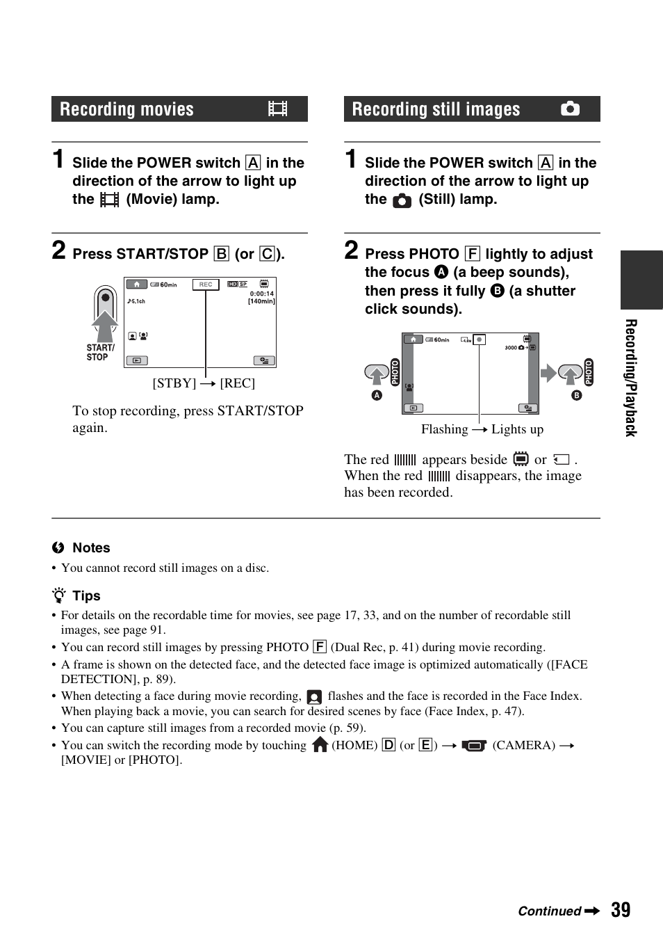 Recording movies, Recording still images | Sony HDR-UX10 User Manual | Page 39 / 172