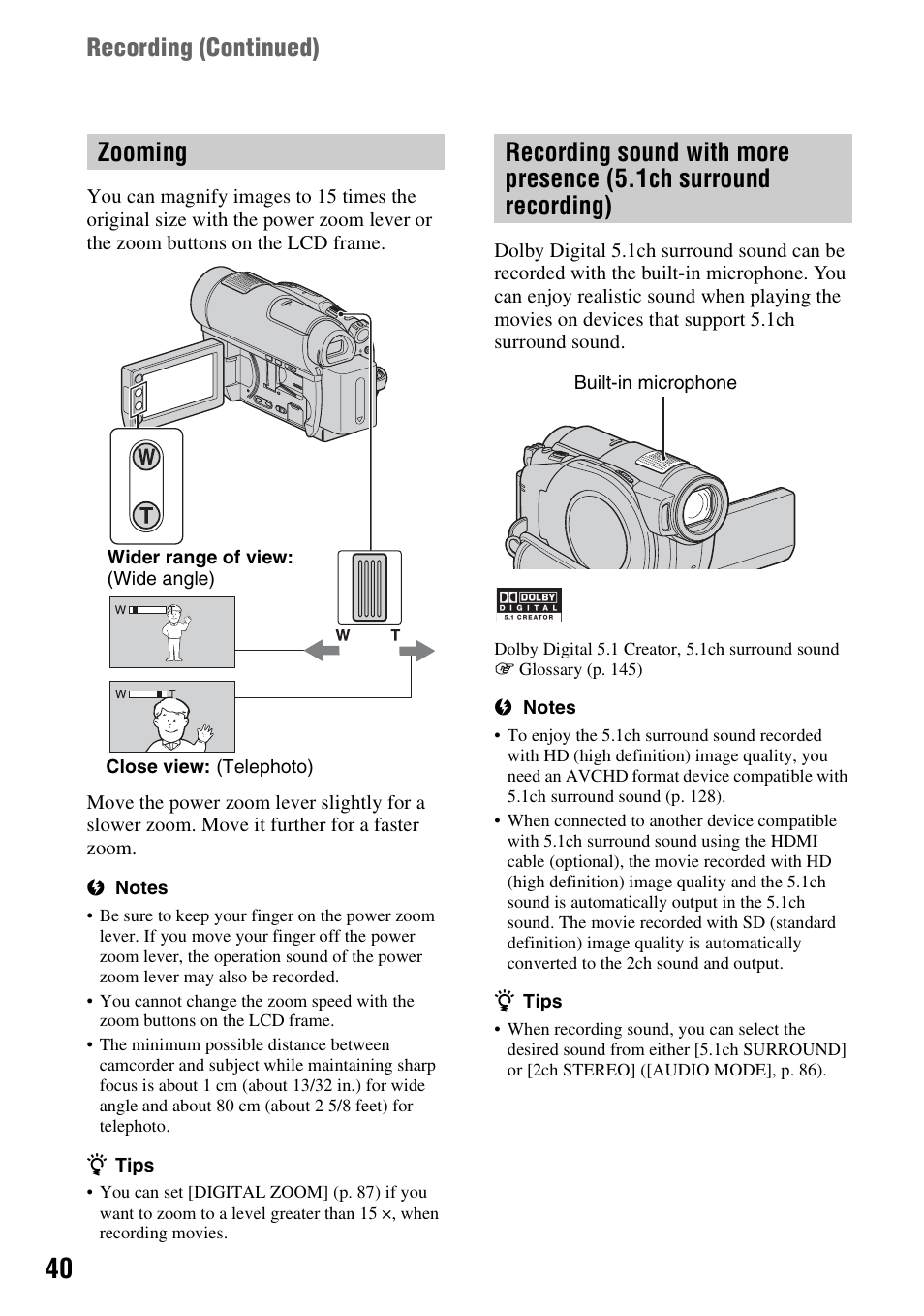 Zooming, Zooming recording sound with more presence, 1ch surround recording) | Recording (continued) | Sony HDR-UX10 User Manual | Page 40 / 172