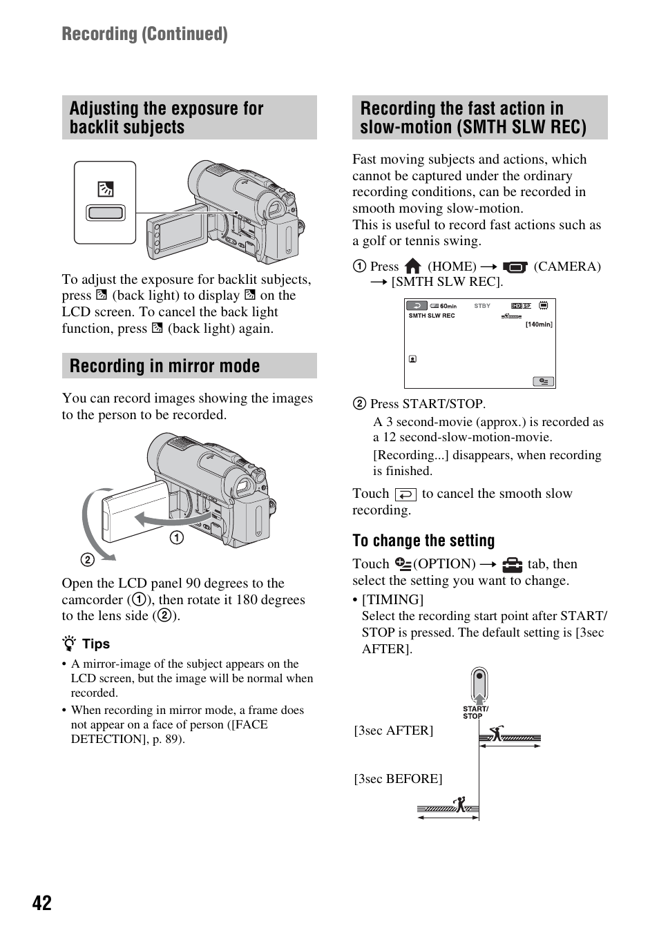 Adjusting the exposure for backlit subjects, Recording in mirror mode, Adjusting the exposure for backlit | Subjects, Motion (smth slw rec), Recording (continued) | Sony HDR-UX10 User Manual | Page 42 / 172