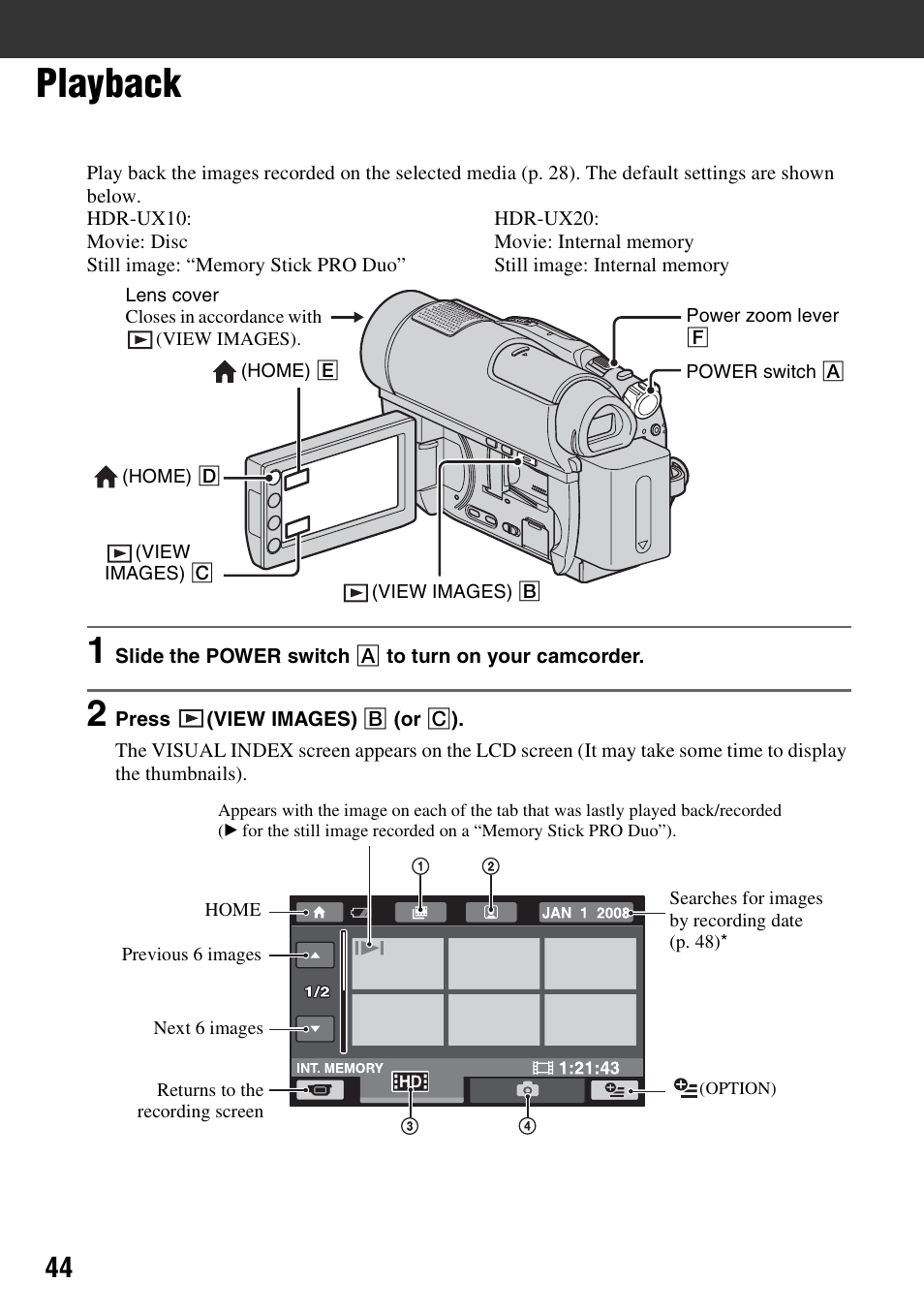Playback | Sony HDR-UX10 User Manual | Page 44 / 172