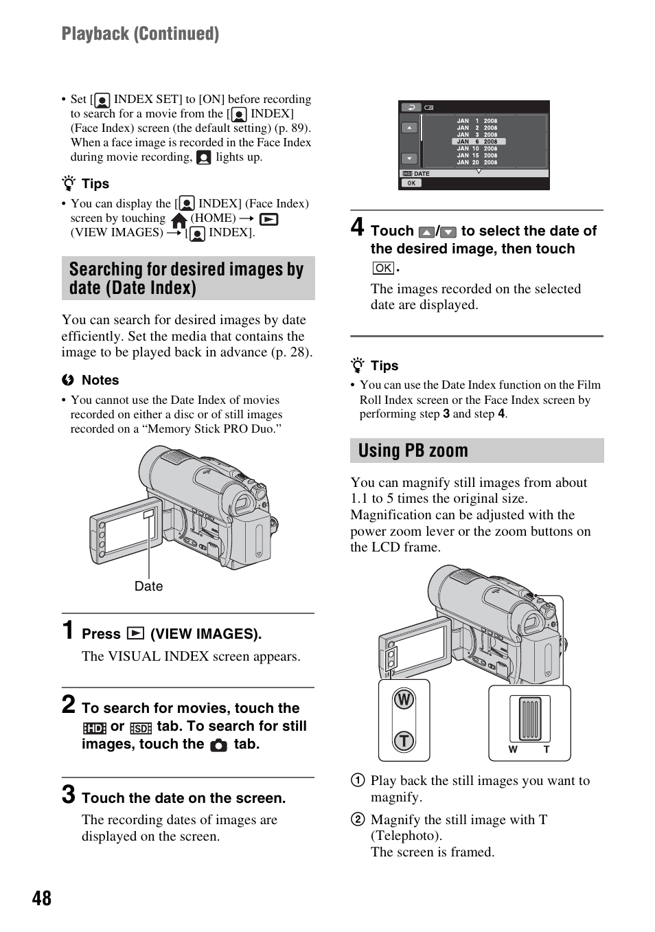 Searching for desired images by date (date index), Using pb zoom, Searching for desired images by date | Date index), P. 48), Playback (continued) | Sony HDR-UX10 User Manual | Page 48 / 172