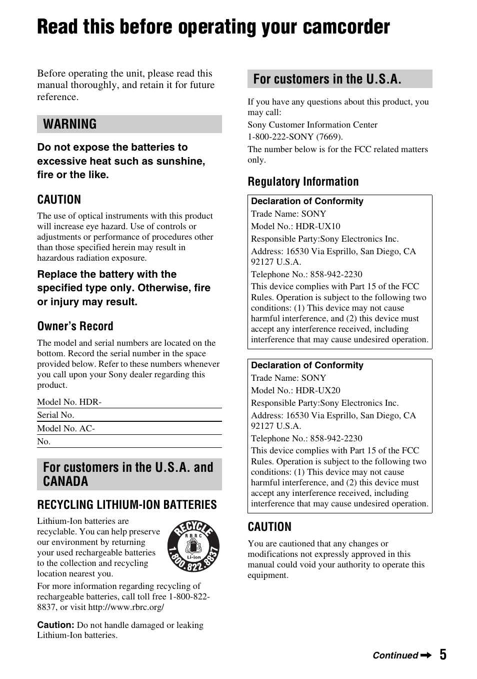 Read this before operating your camcorder, Warning | Sony HDR-UX10 User Manual | Page 5 / 172