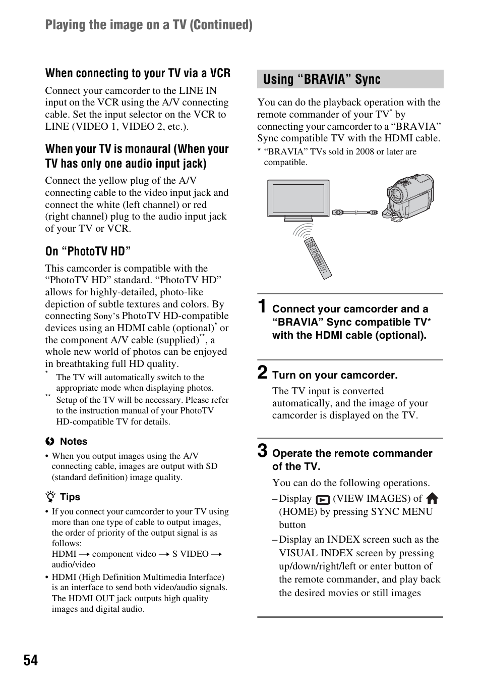 Playing the image on a tv (continued), Using “bravia” sync | Sony HDR-UX10 User Manual | Page 54 / 172