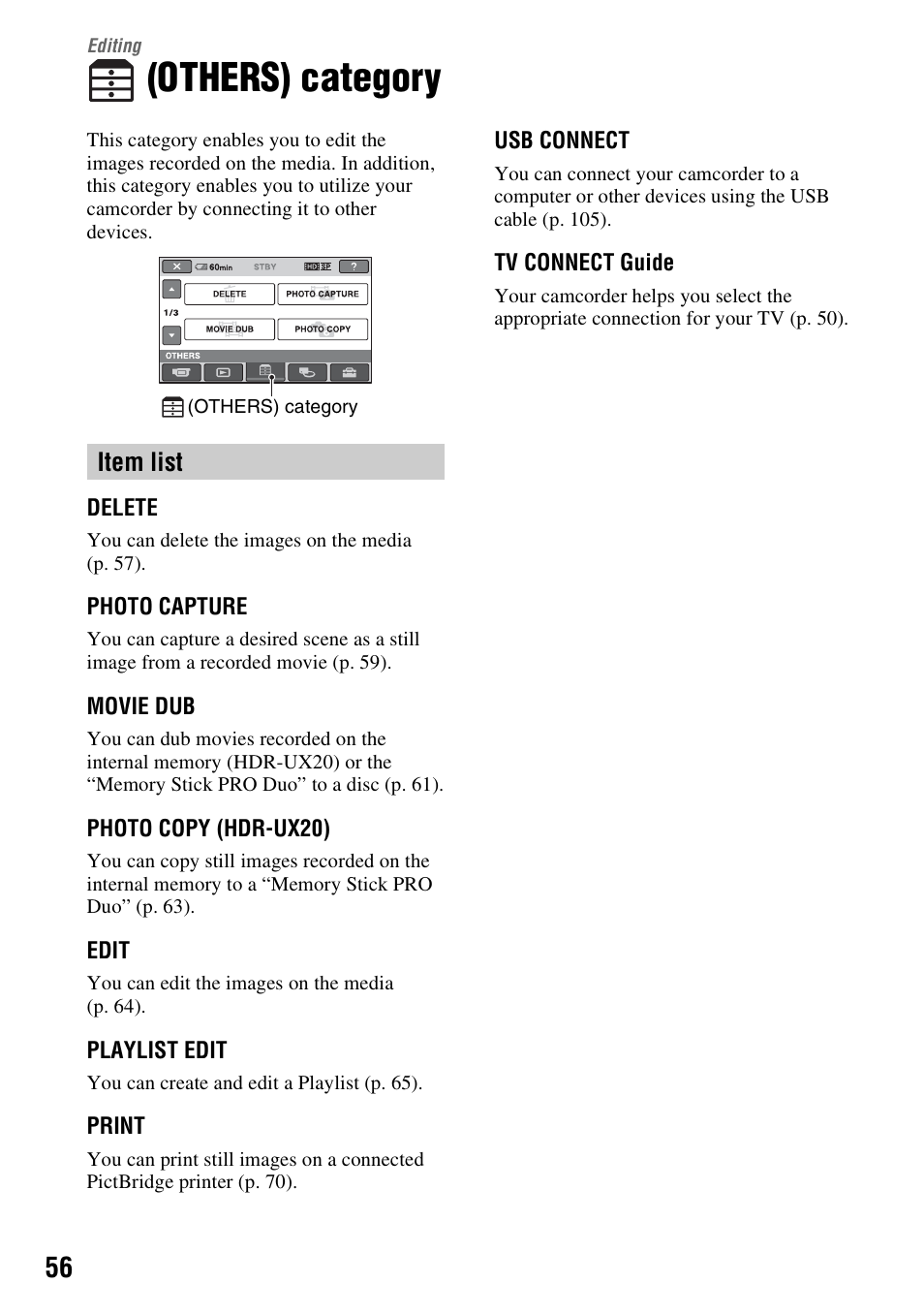 Editing, Others) category, Ting | Item list | Sony HDR-UX10 User Manual | Page 56 / 172