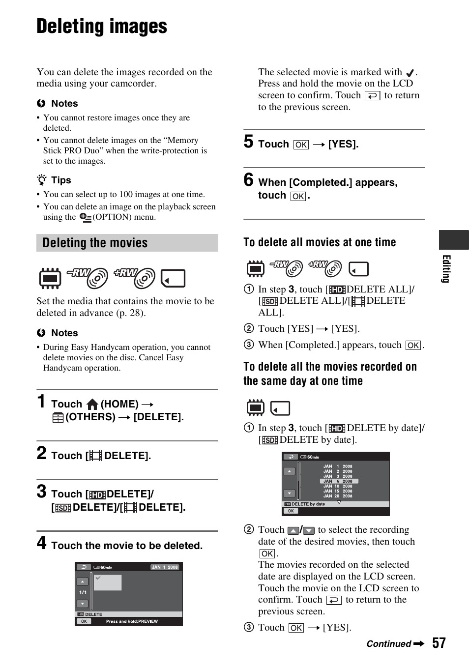 Deleting images, P. 57, Deleting the movies | Sony HDR-UX10 User Manual | Page 57 / 172
