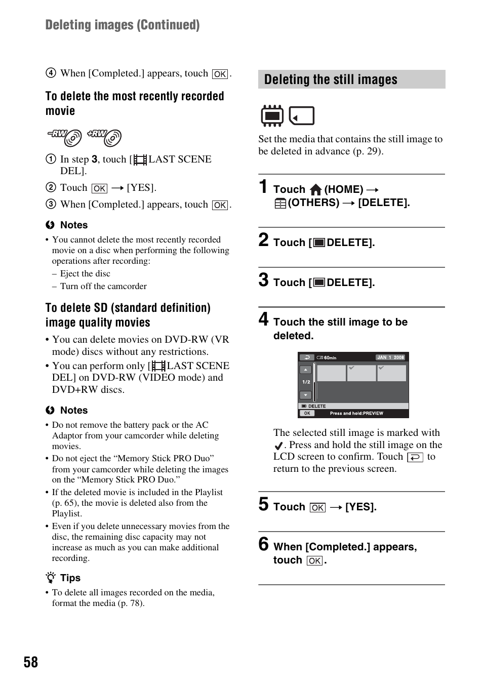Deleting images (continued), Deleting the still images | Sony HDR-UX10 User Manual | Page 58 / 172