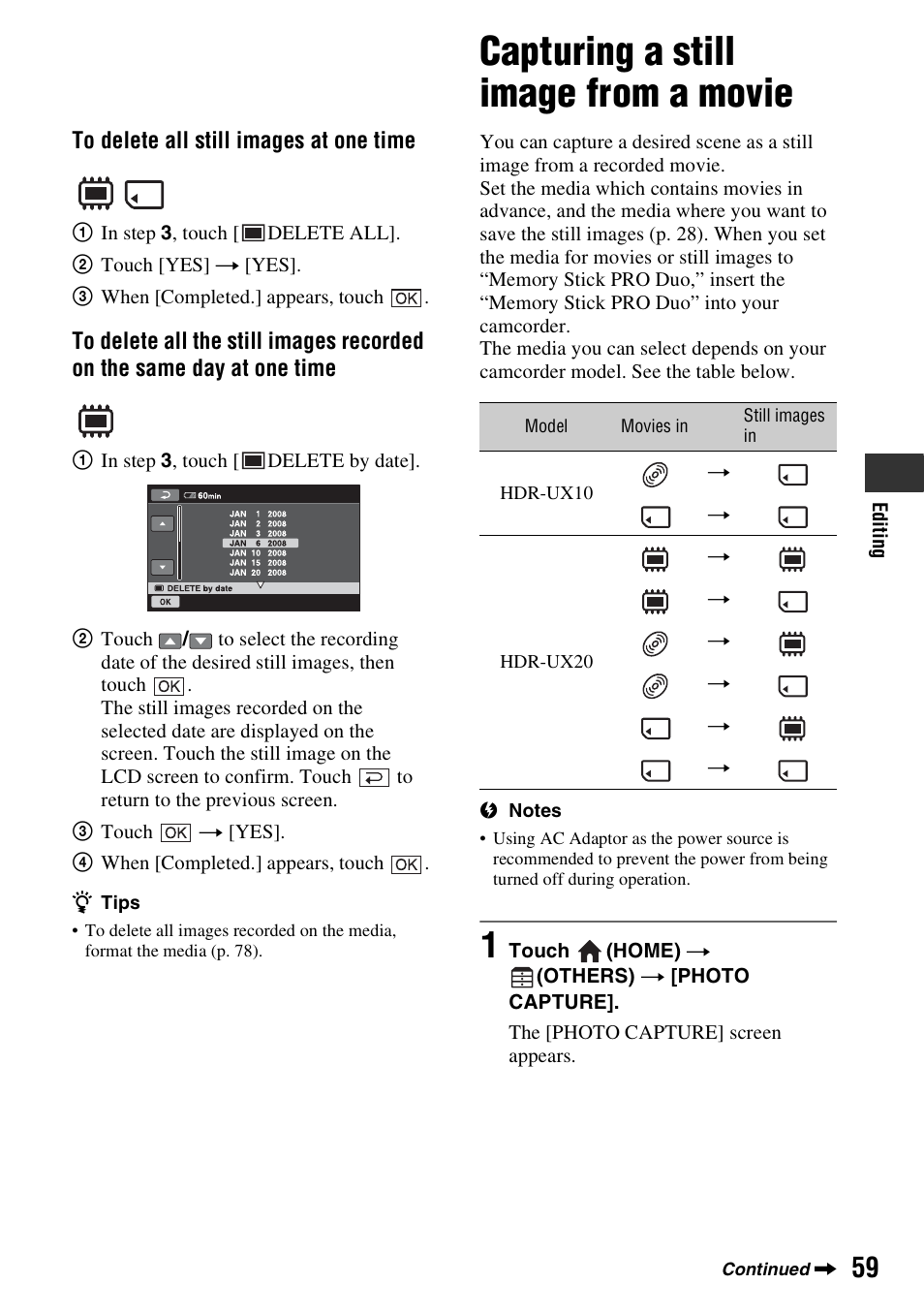 Capturing a still image from a movie, P. 59), E (p. 59 | Sony HDR-UX10 User Manual | Page 59 / 172