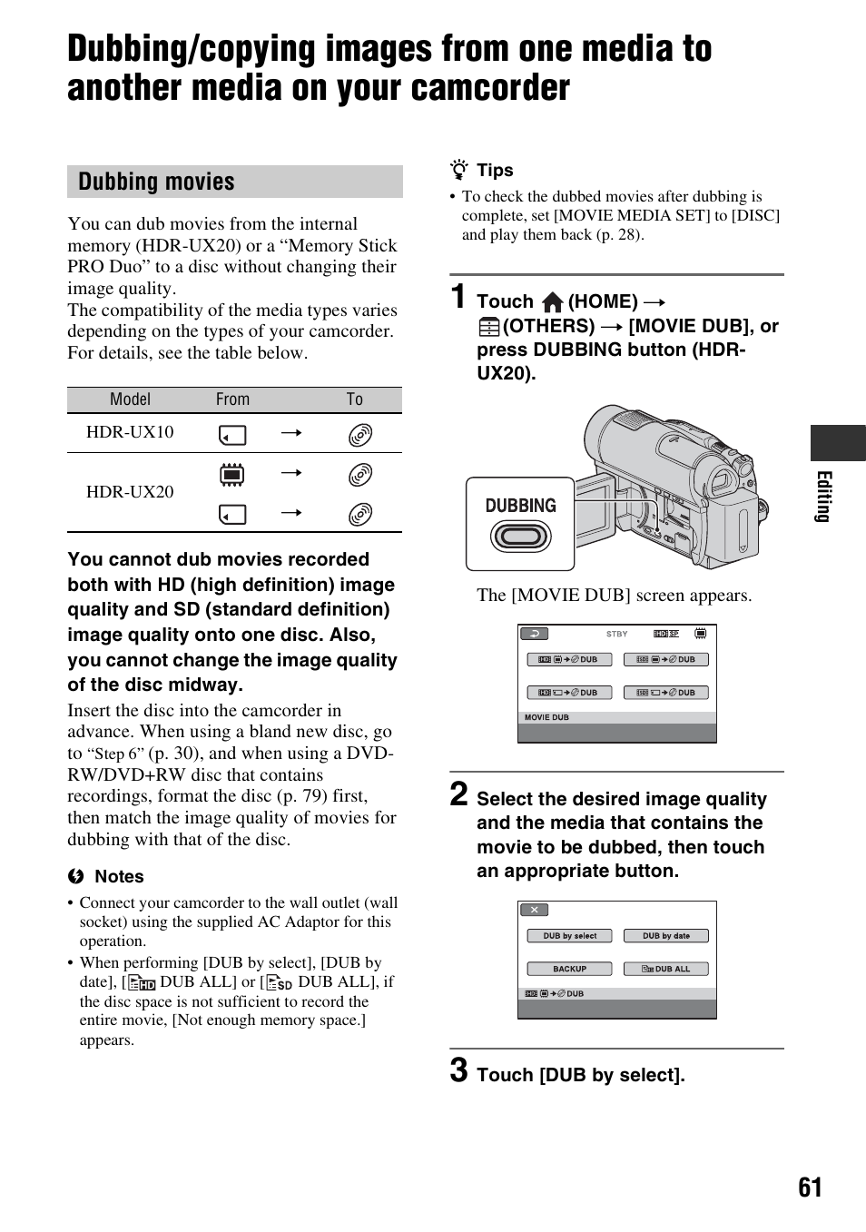A (p. 61, Dubbing/copying images from one, Media to another media on your camcorder | R (p. 61), P. 61, Dubbing movies | Sony HDR-UX10 User Manual | Page 61 / 172