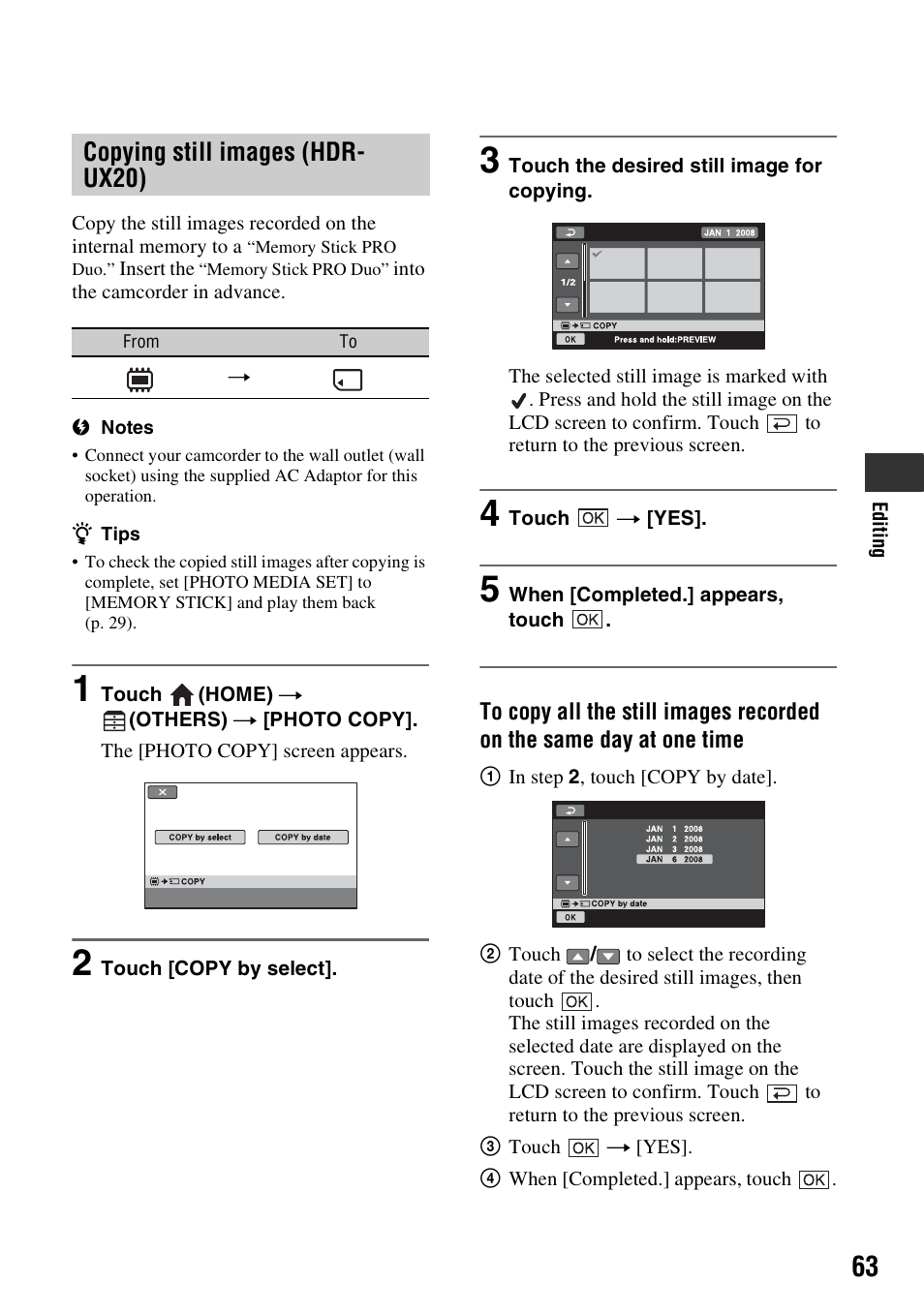 P. 63, Copying still images (hdr- ux20) | Sony HDR-UX10 User Manual | Page 63 / 172