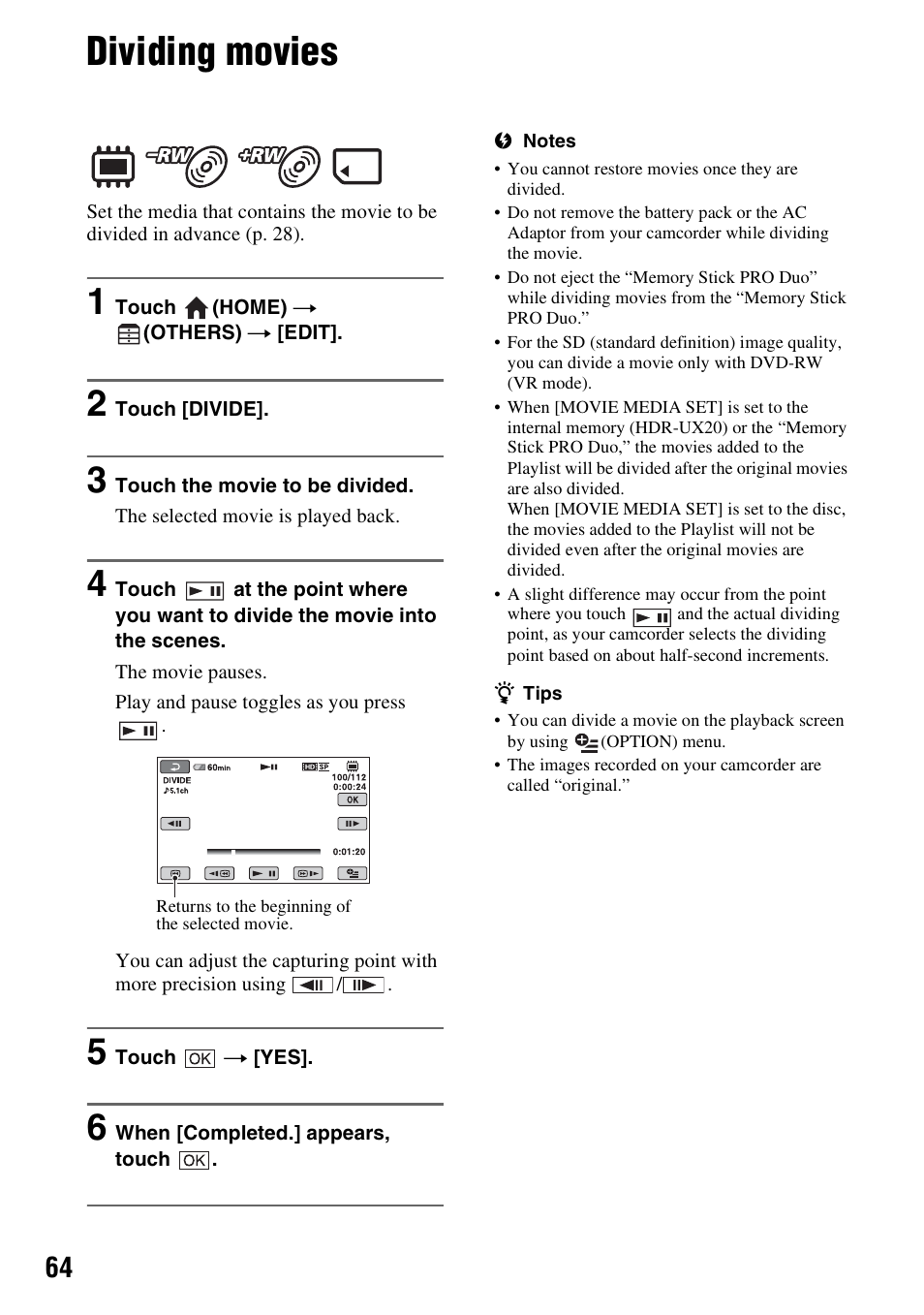 Dividing movies, P. 64 | Sony HDR-UX10 User Manual | Page 64 / 172