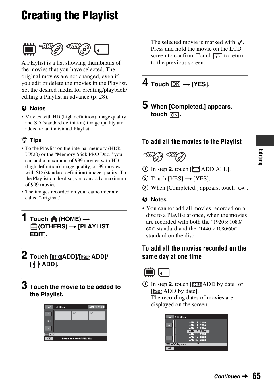 Creating the playlist, P. 65) | Sony HDR-UX10 User Manual | Page 65 / 172