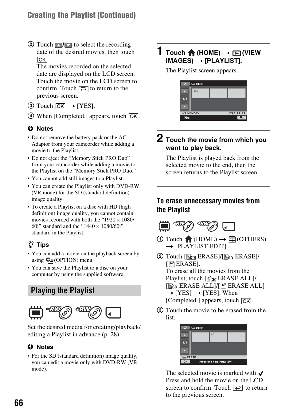 Creating the playlist (continued), Playing the playlist | Sony HDR-UX10 User Manual | Page 66 / 172