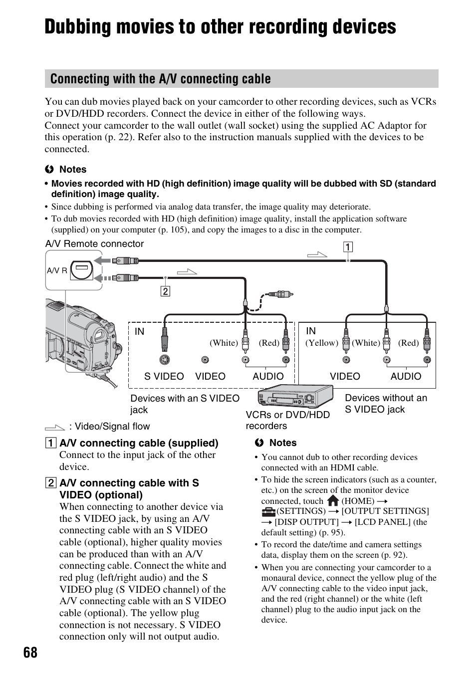 Dubbing movies to other recording devices, Dubbing movies to other recording, Devices | P. 68), Connecting with the a/v connecting cable | Sony HDR-UX10 User Manual | Page 68 / 172