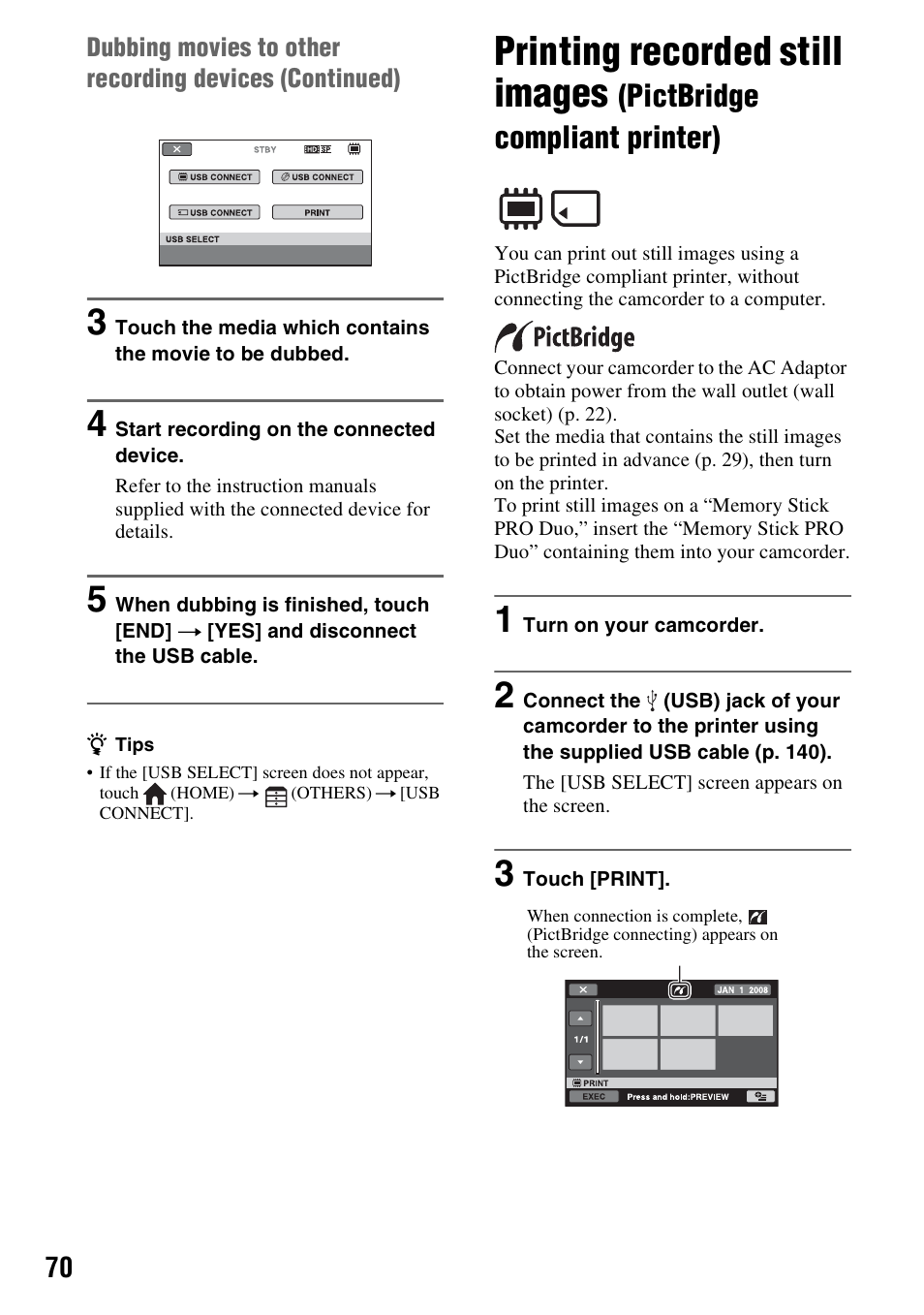 Printing recorded still images, Pictbridge compliant printer), P. 70 | Sony HDR-UX10 User Manual | Page 70 / 172