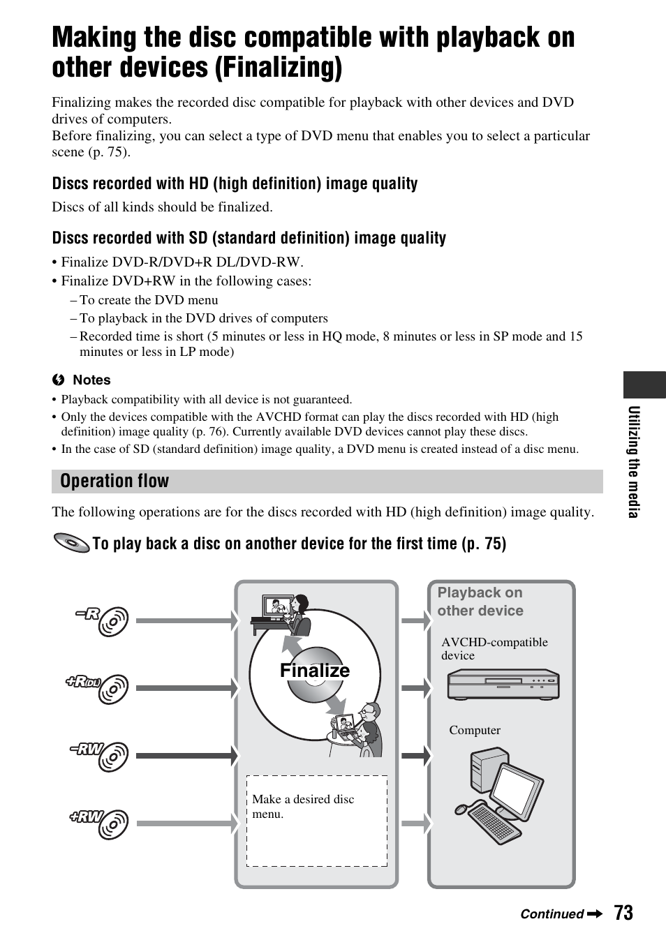Making the disc compatible with, Playback on other devices (finalizing), S (73) | P. 73), Finalize, Operation flow | Sony HDR-UX10 User Manual | Page 73 / 172