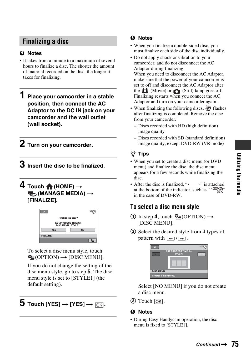 Finalizing a disc | Sony HDR-UX10 User Manual | Page 75 / 172