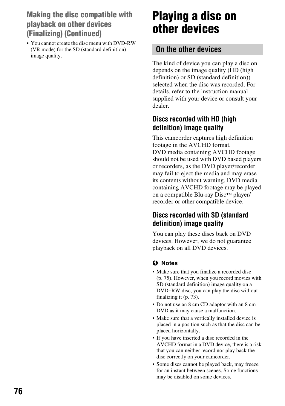 Playing a disc on other devices | Sony HDR-UX10 User Manual | Page 76 / 172