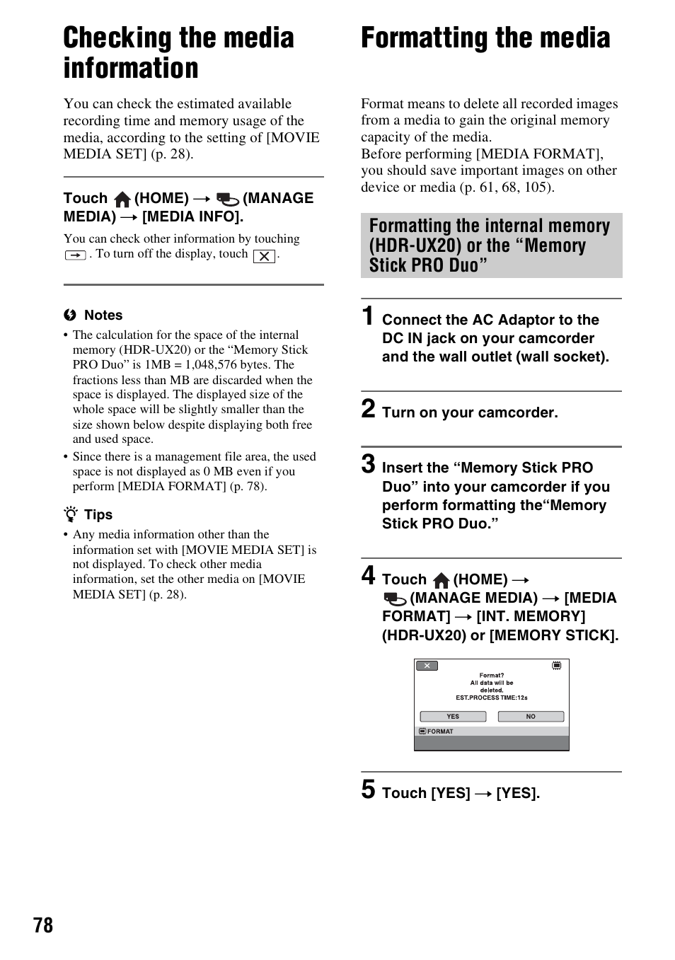 Checking the media information, Formatting the media, A (p. 78) | P. 78), P. 78 | Sony HDR-UX10 User Manual | Page 78 / 172