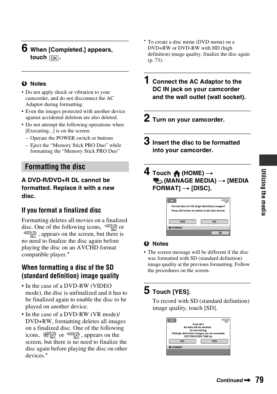 N (79), Formatting the disc | Sony HDR-UX10 User Manual | Page 79 / 172