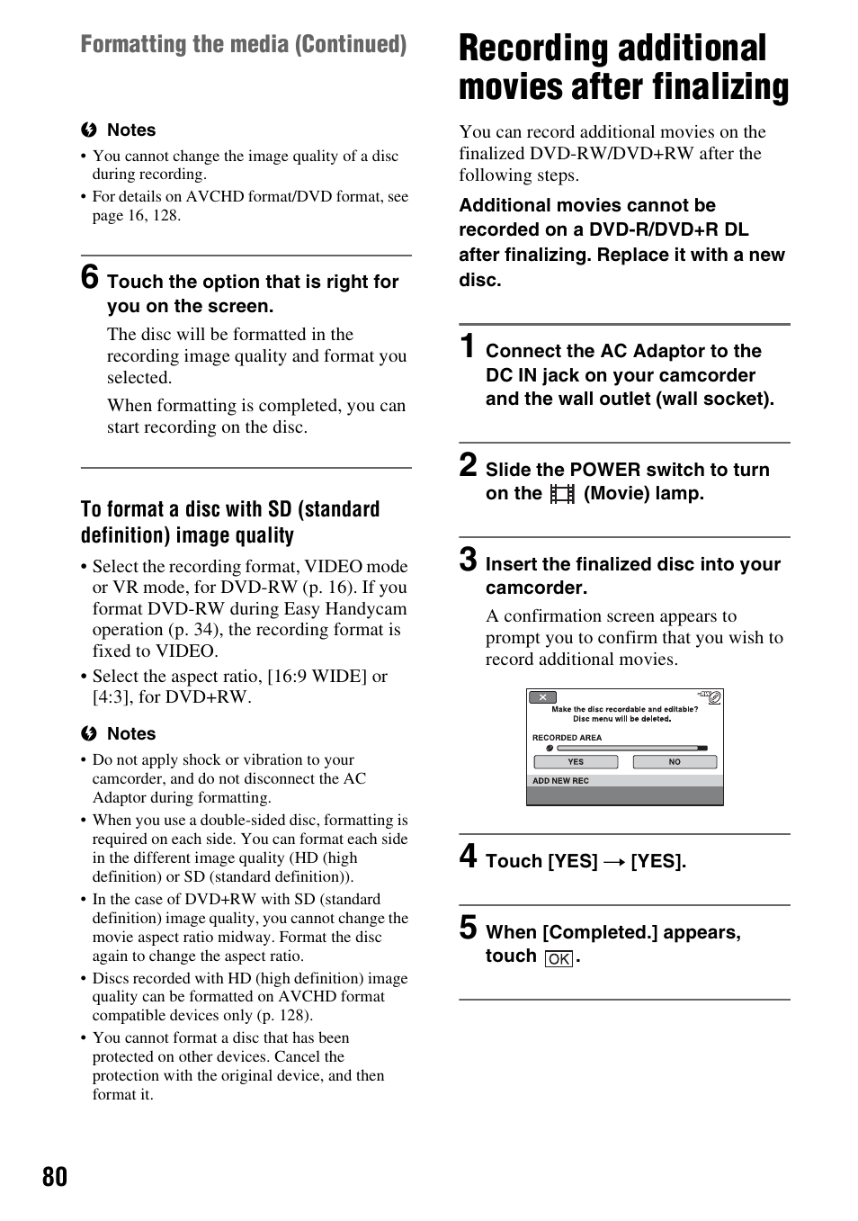 Recording additional movies after finalizing, Recording additional movies after, Finalizing | P. 80), Formatting the media (continued) | Sony HDR-UX10 User Manual | Page 80 / 172