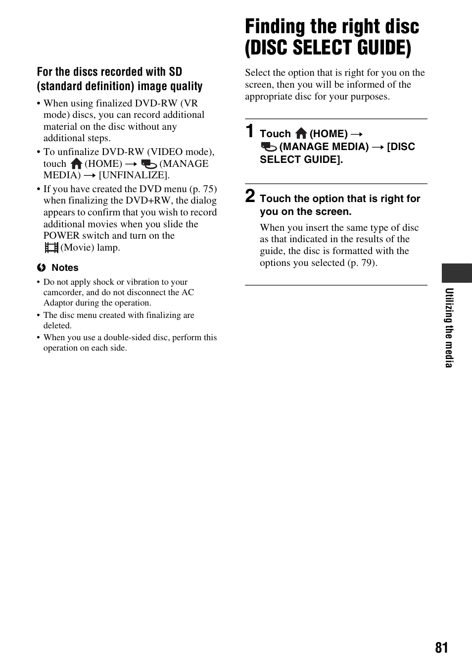 Finding the right disc (disc select guide), Finding the right disc (disc select, Guide) | P. 81) | Sony HDR-UX10 User Manual | Page 81 / 172