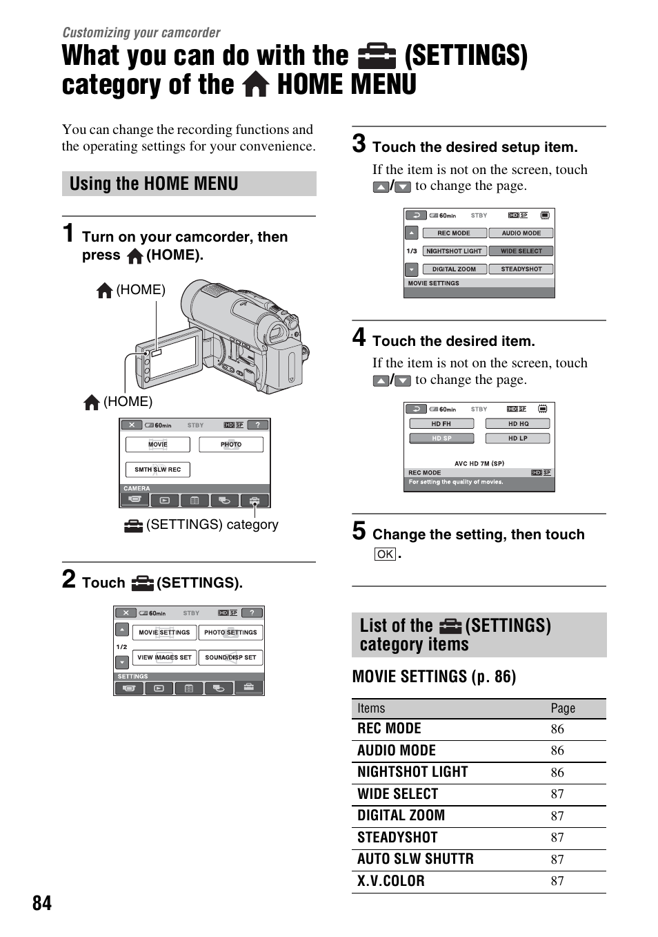 Customizing your camcorder, Using the home menu, List of the (settings) category items | Customizing your, Camcorder, What you can do with the, Using the home menu list of the, P. 84 | Sony HDR-UX10 User Manual | Page 84 / 172