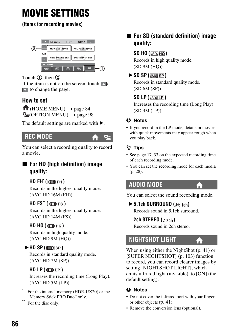 Movie settings, Items for recording movies), P. 86) | Rec mode, Audio mode nightshot light, How to set, Xfor hd (high definition) image quality, Xfor sd (standard definition) image quality | Sony HDR-UX10 User Manual | Page 86 / 172