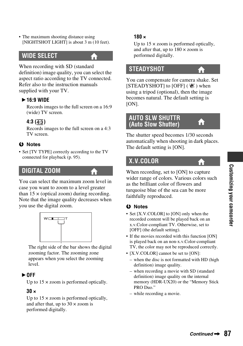 P. 87, Tv (p. 87), Wide select digital zoom | Sony HDR-UX10 User Manual | Page 87 / 172