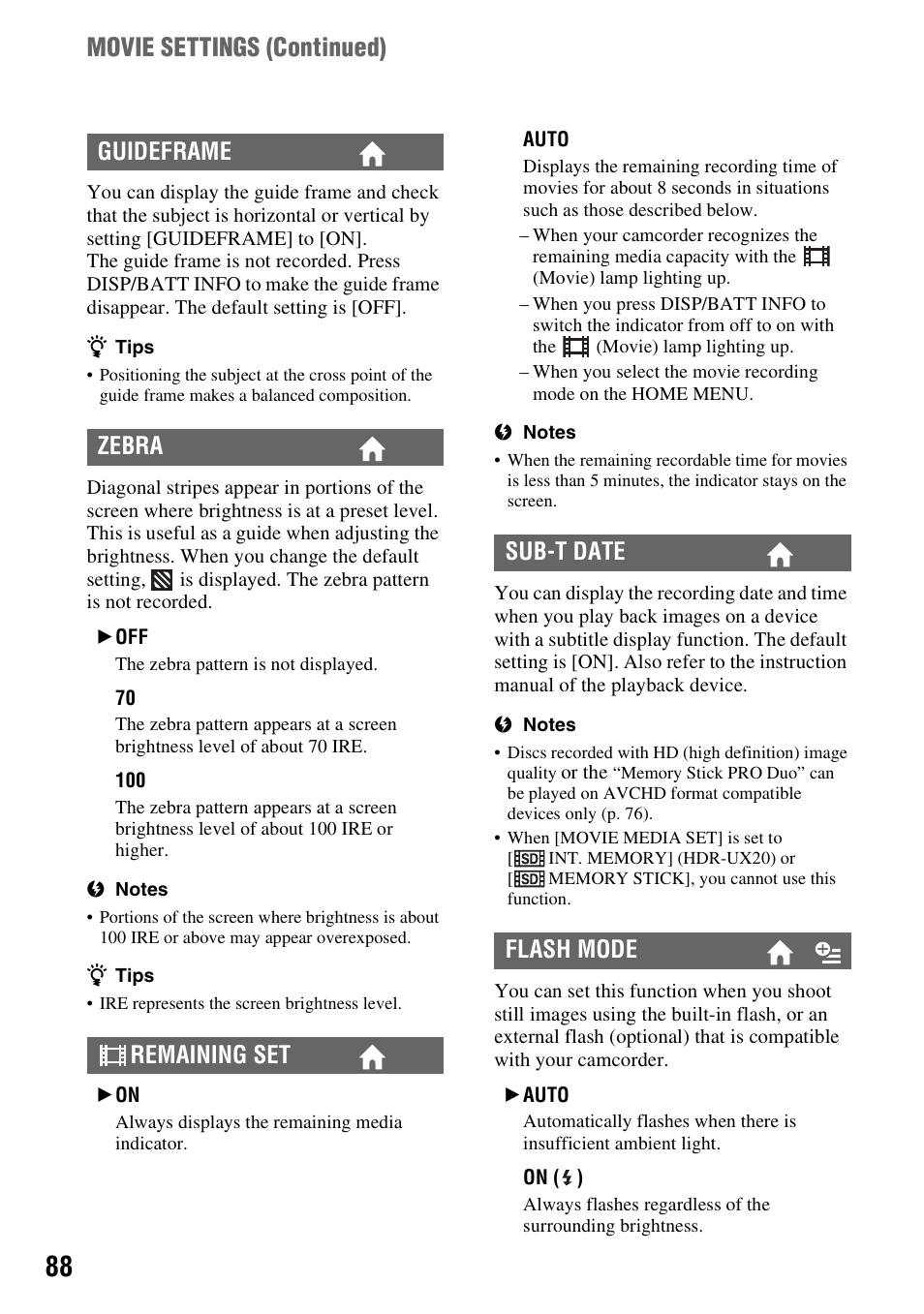 P. 88), Movie settings (continued) | Sony HDR-UX10 User Manual | Page 88 / 172