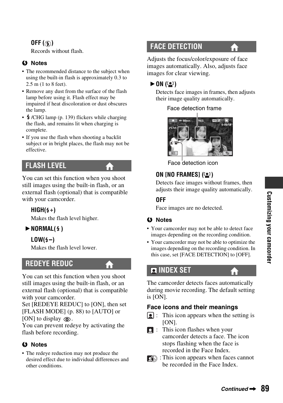 P. 89), Flash level redeye reduc face detection index set | Sony HDR-UX10 User Manual | Page 89 / 172