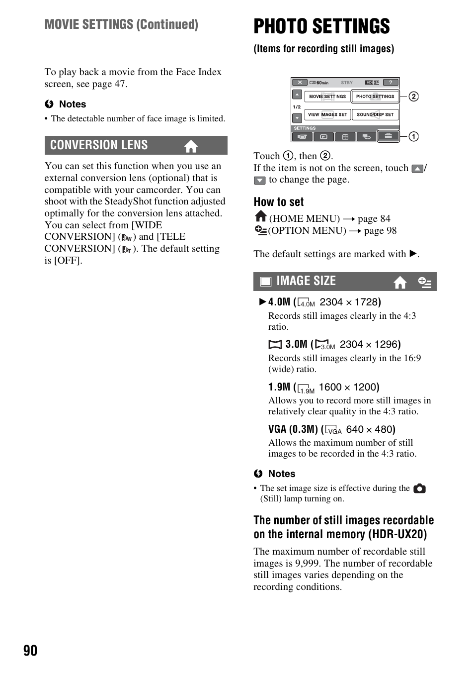 Photo settings, Items for recording still images), P. 90) | Movie settings (continued), Conversion lens, Image size | Sony HDR-UX10 User Manual | Page 90 / 172