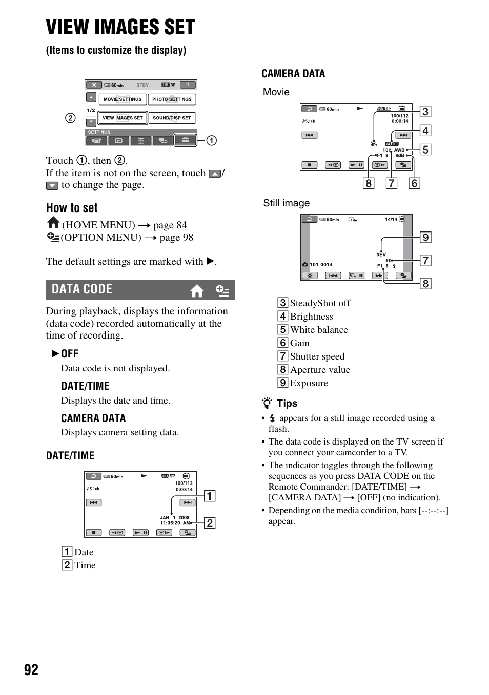 View images set, Items to customize the display), P. 92) | Een (p. 92), T (p. 92), Data code | Sony HDR-UX10 User Manual | Page 92 / 172