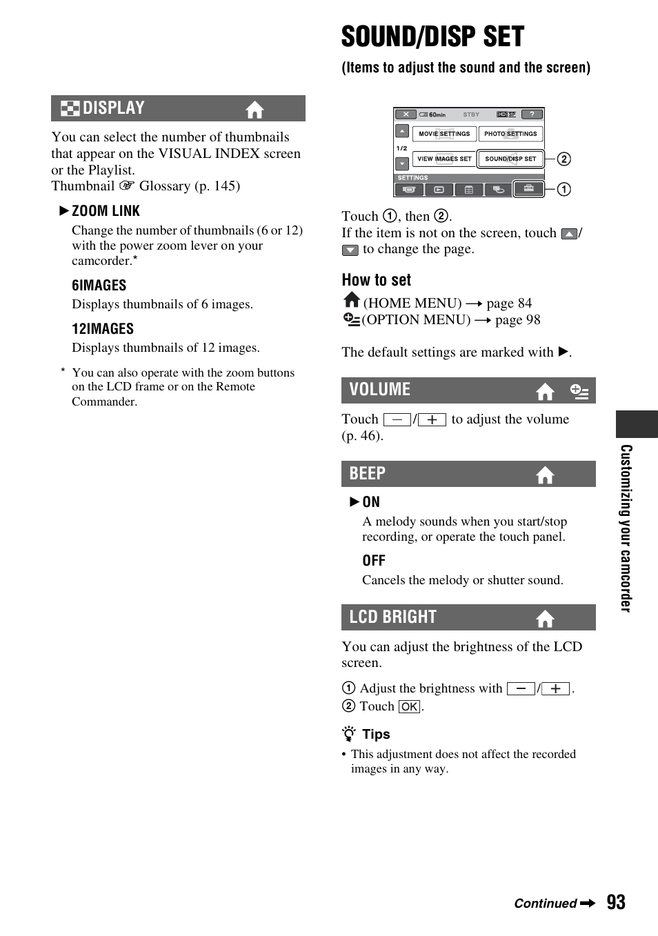 Sound/disp set, Items to adjust the sound and the screen), P. 93) | P. 93, Display, Volume beep lcd bright | Sony HDR-UX10 User Manual | Page 93 / 172