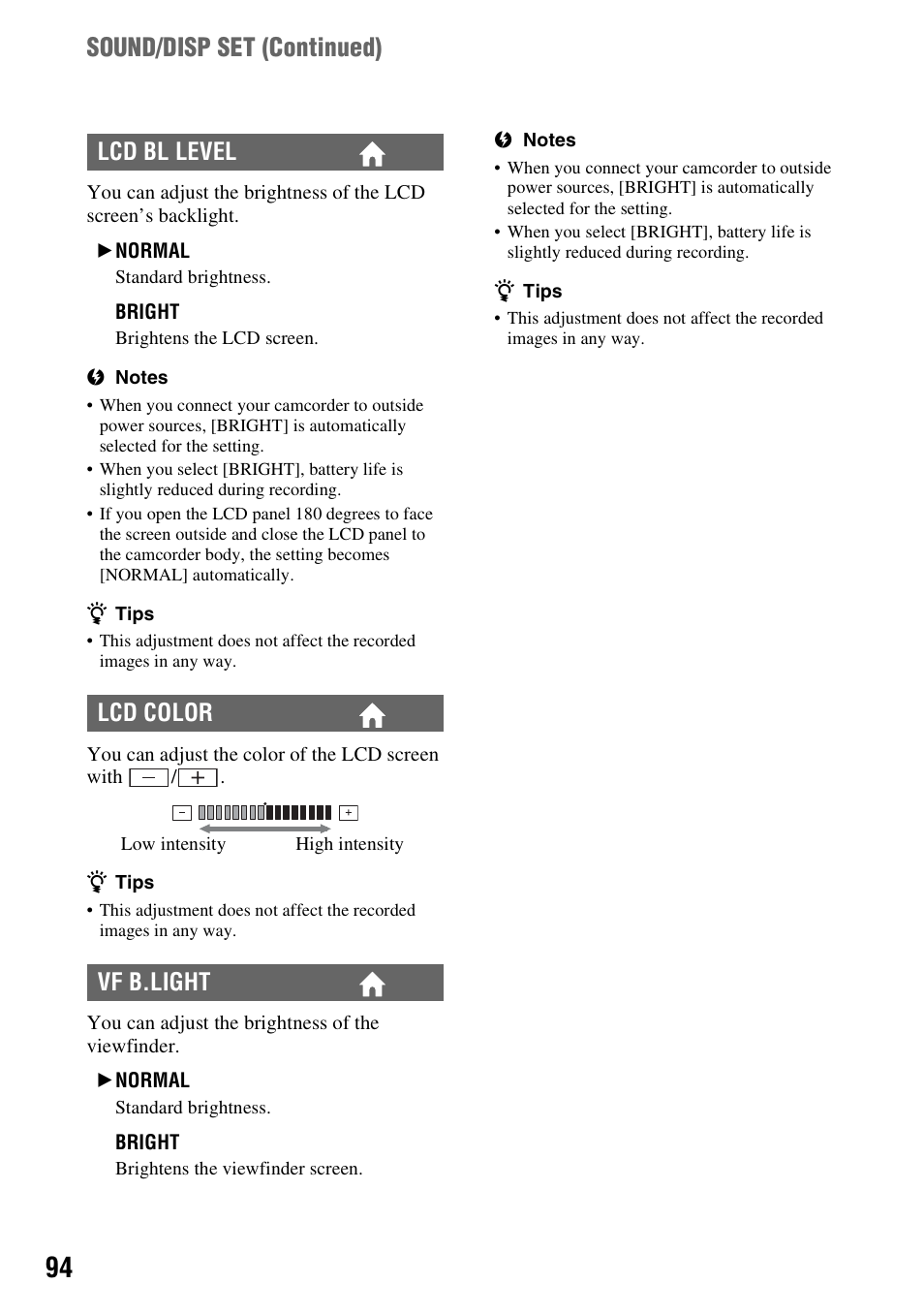 Sound/disp set (continued), Lcd bl level lcd color vf b.light | Sony HDR-UX10 User Manual | Page 94 / 172