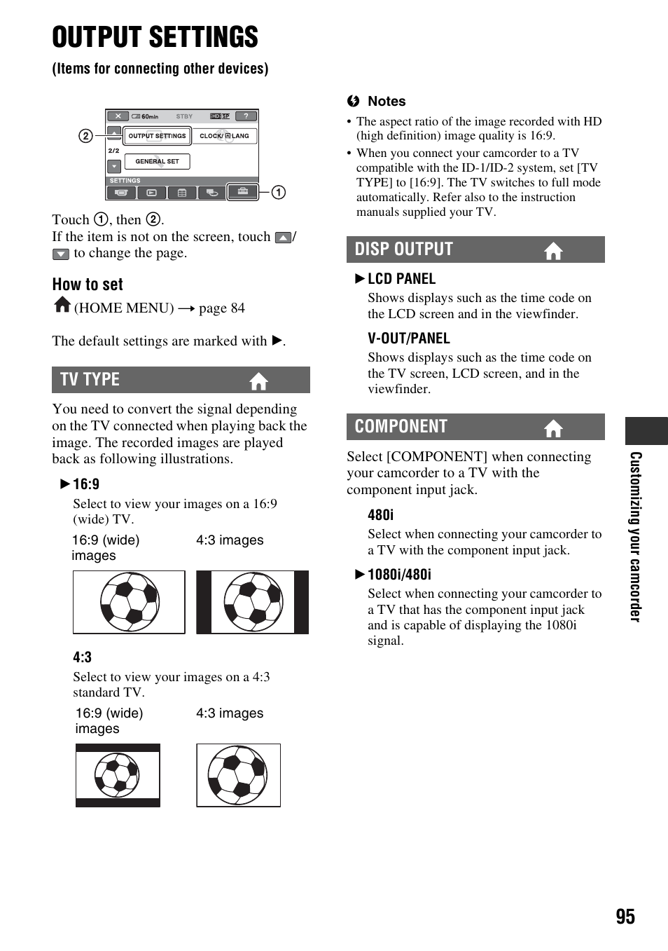 Output settings, Items for connecting other devices), P. 95) | P. 95, Tv type, Disp output component | Sony HDR-UX10 User Manual | Page 95 / 172