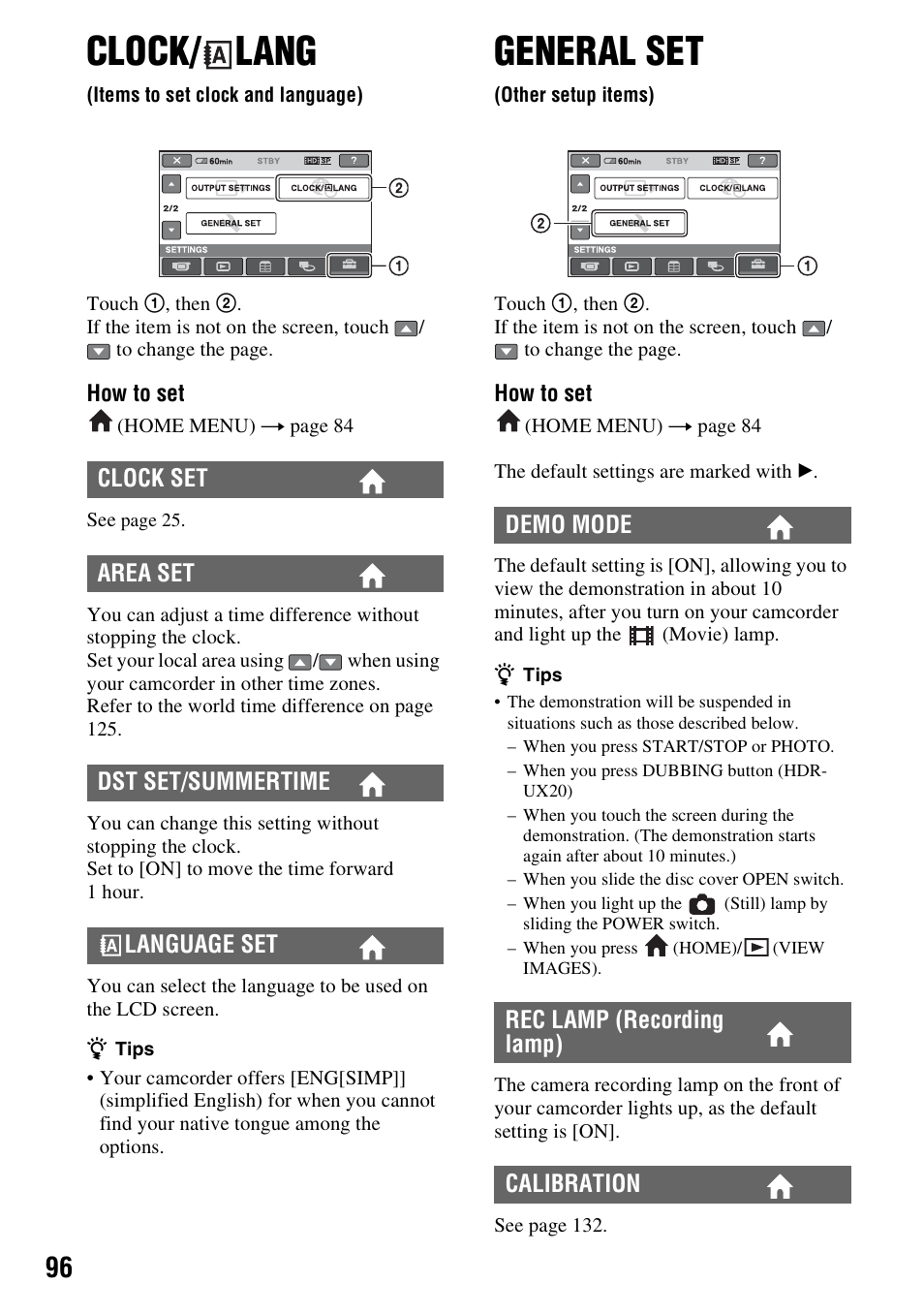 Clock/lang, Items to set clock and language), General set | Other setup items), Clock, P. 96, P. 96), Clock/ lang | Sony HDR-UX10 User Manual | Page 96 / 172