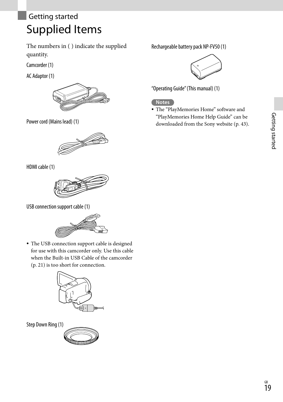 Getting started, Supplied items | Sony HDR-CX430V User Manual | Page 19 / 76
