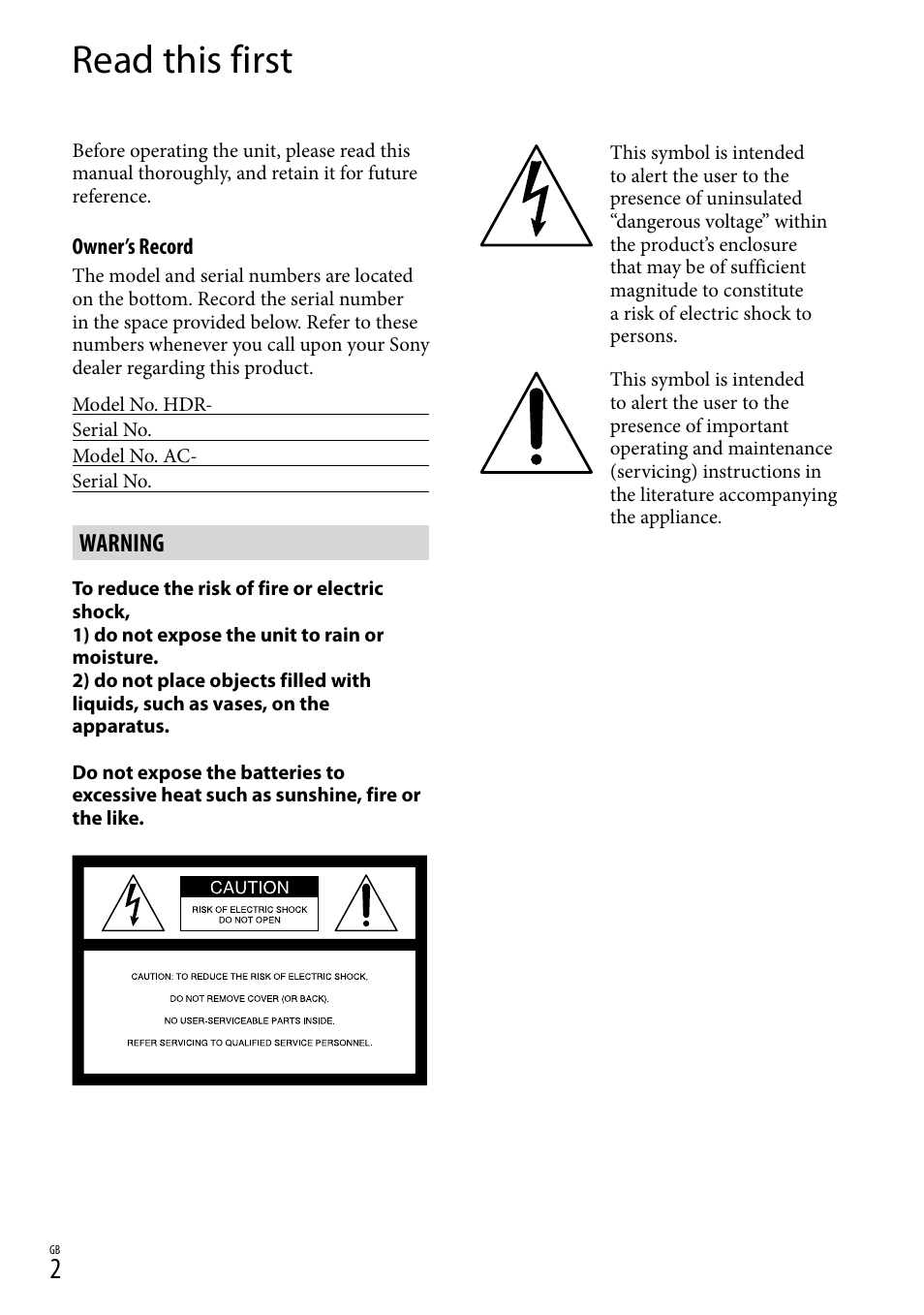 Read this first, Warning | Sony HDR-CX430V User Manual | Page 2 / 76