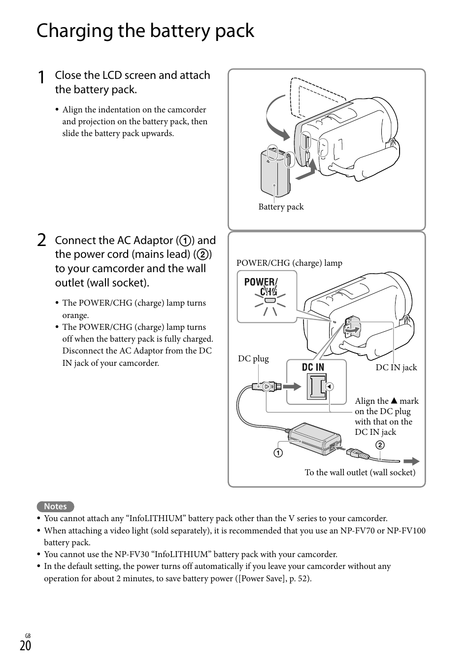 Charging the battery pack, 20) i, Ge) lamp (20) | Y pack (20), Dc in jack (20), Close the lcd screen and attach the battery pack | Sony HDR-CX430V User Manual | Page 20 / 76