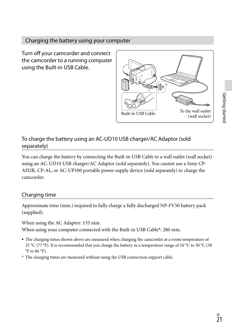 Charging the battery using your computer, Able (21) | Sony HDR-CX430V User Manual | Page 21 / 76