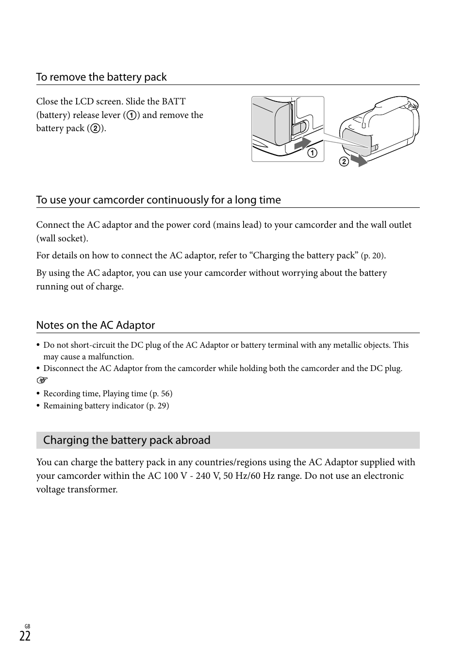 Charging the battery pack abroad, Er (22) | Sony HDR-CX430V User Manual | Page 22 / 76