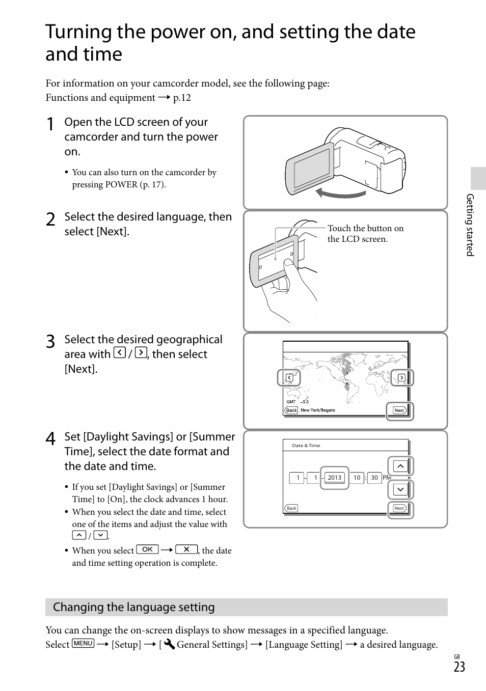 Changing the language setting, 23). th | Sony HDR-CX430V User Manual | Page 23 / 76