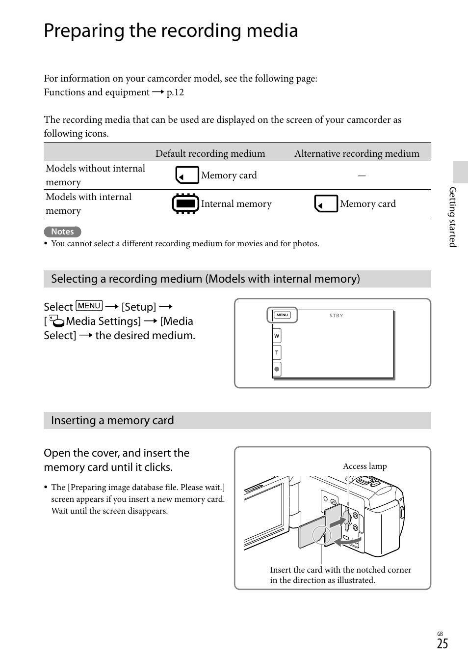 Preparing the recording media, Inserting a memory card, 25) i | D slot (25), Ess lamp (25) | Sony HDR-CX430V User Manual | Page 25 / 76