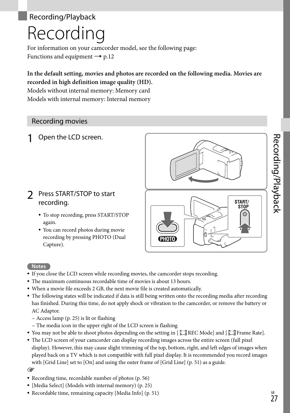 Recording/playback, Recording, Recording movies | On (27), Rec or ding/p la yback | Sony HDR-CX430V User Manual | Page 27 / 76