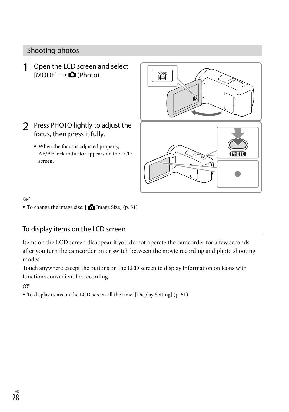 Shooting photos, On (28) | Sony HDR-CX430V User Manual | Page 28 / 76