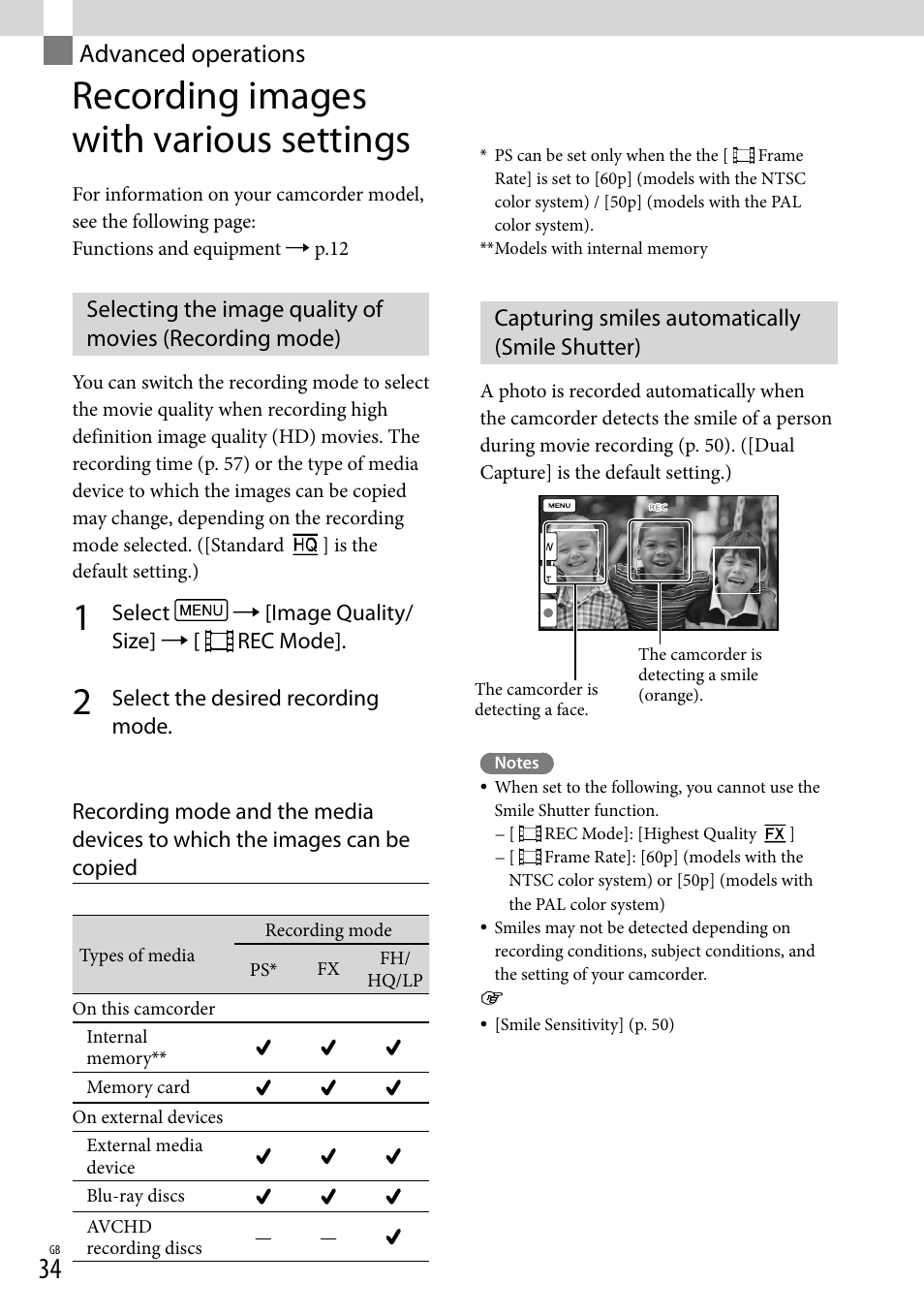 Advanced operations, Recording images with various settings, Capturing smiles automatically (smile shutter) | Ie size (mp4) (34) | Sony HDR-CX430V User Manual | Page 34 / 76