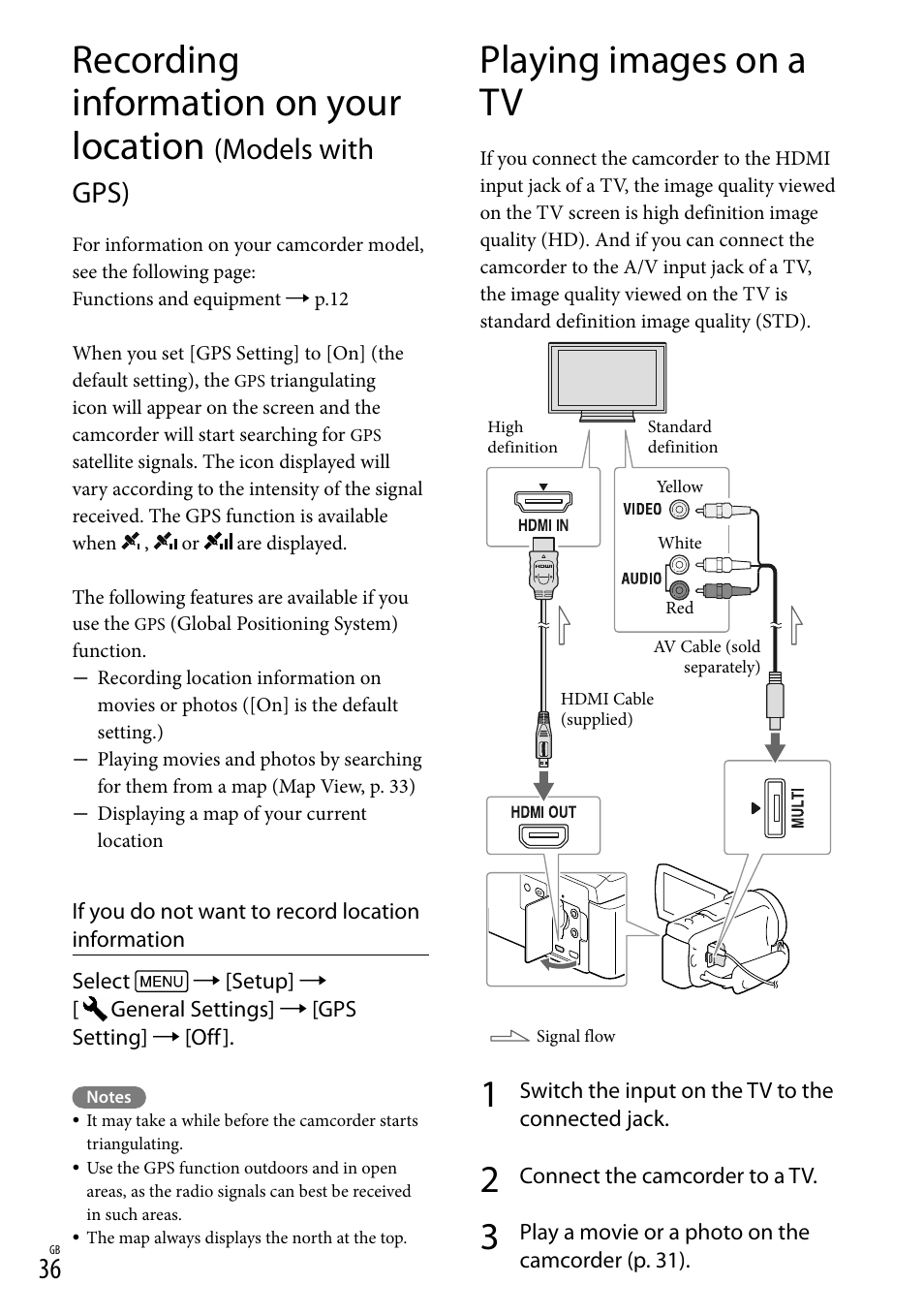 Playing images on a tv, Hdmi out jack (36), Minal (36) | Recording information on your location, Models with gps) | Sony HDR-CX430V User Manual | Page 36 / 76