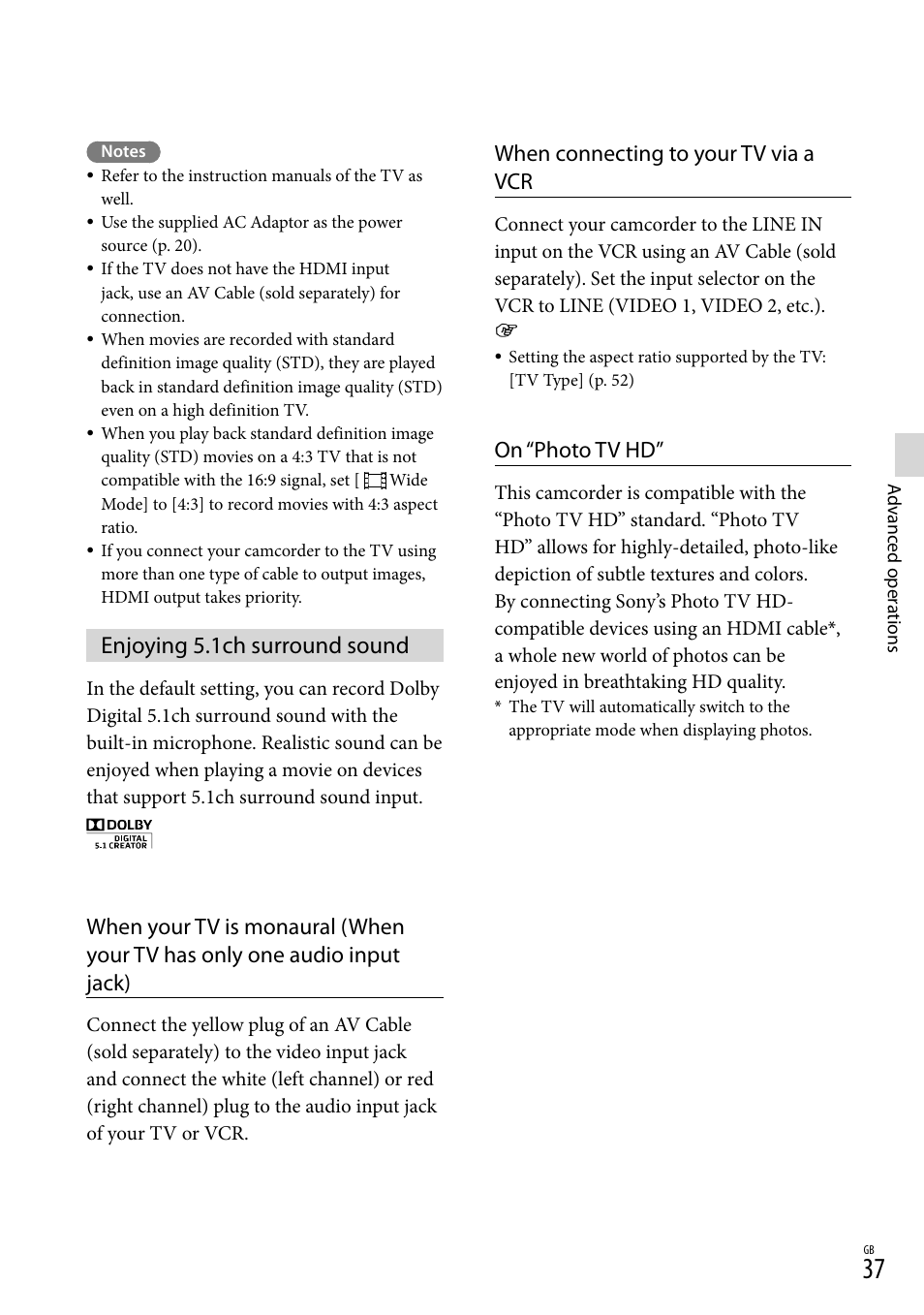 Enjoying 5.1ch surround sound, When connecting to your tv via a vcr, On “photo tv hd | Sony HDR-CX430V User Manual | Page 37 / 76